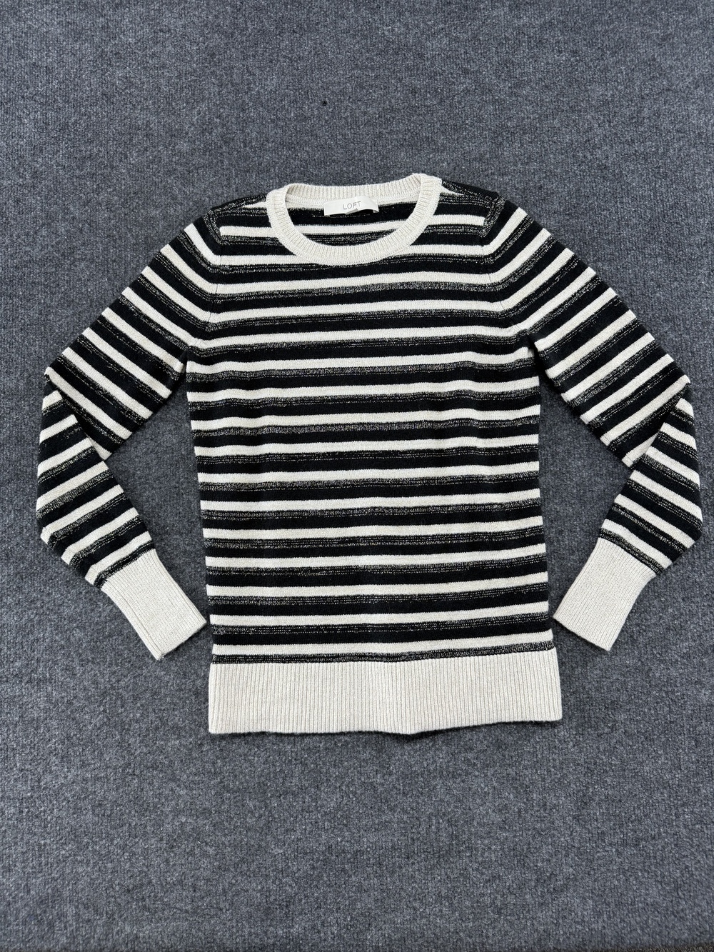 LOFT Sweater Womens XS Black White Striped Metallic Crew Neck Pullover Knit
